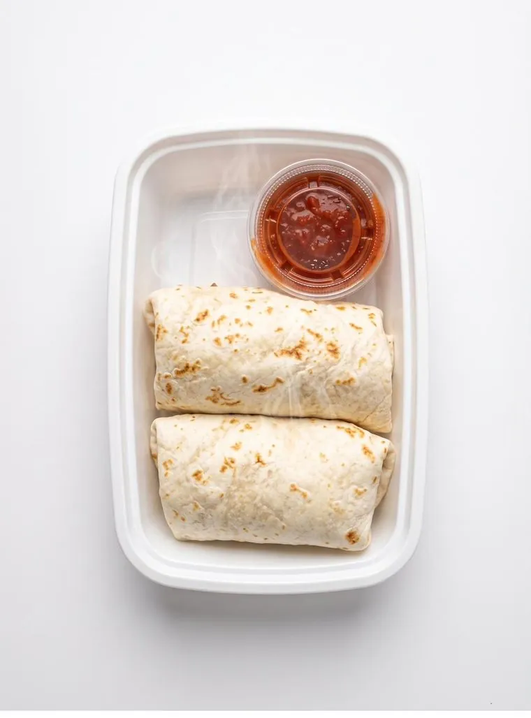 Burritos con salsa roja en un contenedor