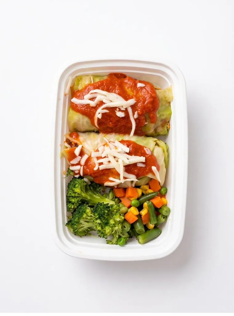 Rollitos de repollo con salsa roja y queso, con vegetales