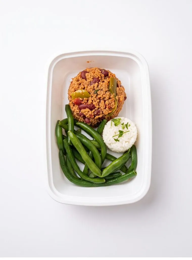 Picadillo con arroz blanco y habichuelas tiernas