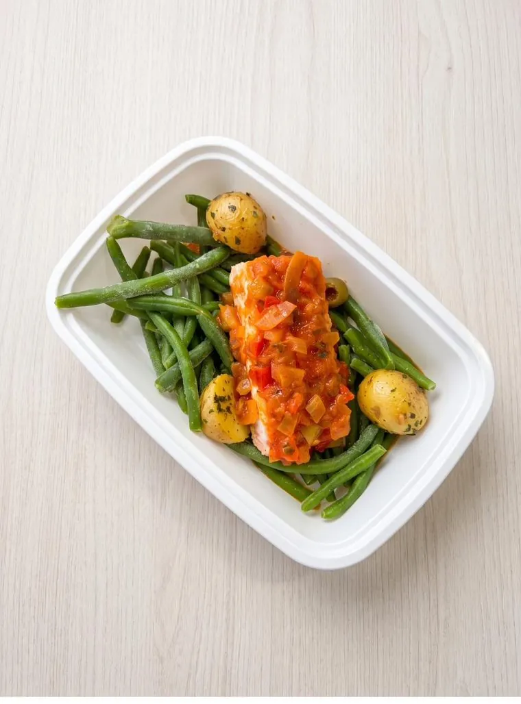 Salmón con salsa de tomate, habichuelas tiernas y papitas