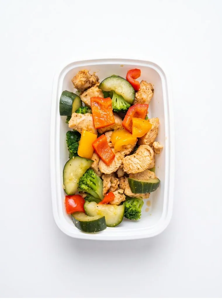 Pollo salteado con pimientos, zucchini y brócoli