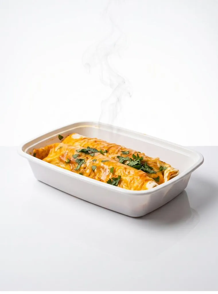 Enchiladas calientes con vapor en un contenedor de Tasty Fit